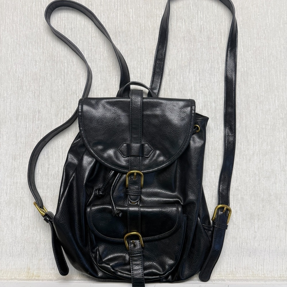 Urban Outfitters Indie Faux Leather Backpack Black Buckles School Travel Moto